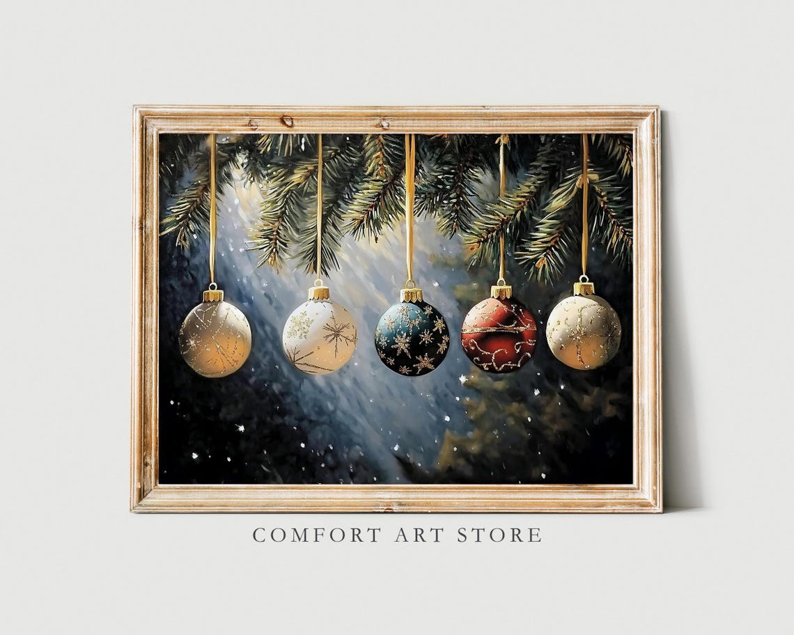 Five Christmas Ornaments Hanging on Snowy Pine Branches Poster