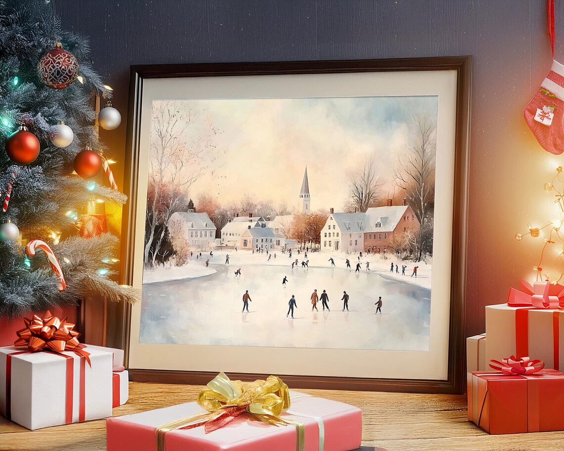 People Ice Skating on Village Pond in Vintage Winter Wall Art - Image 4