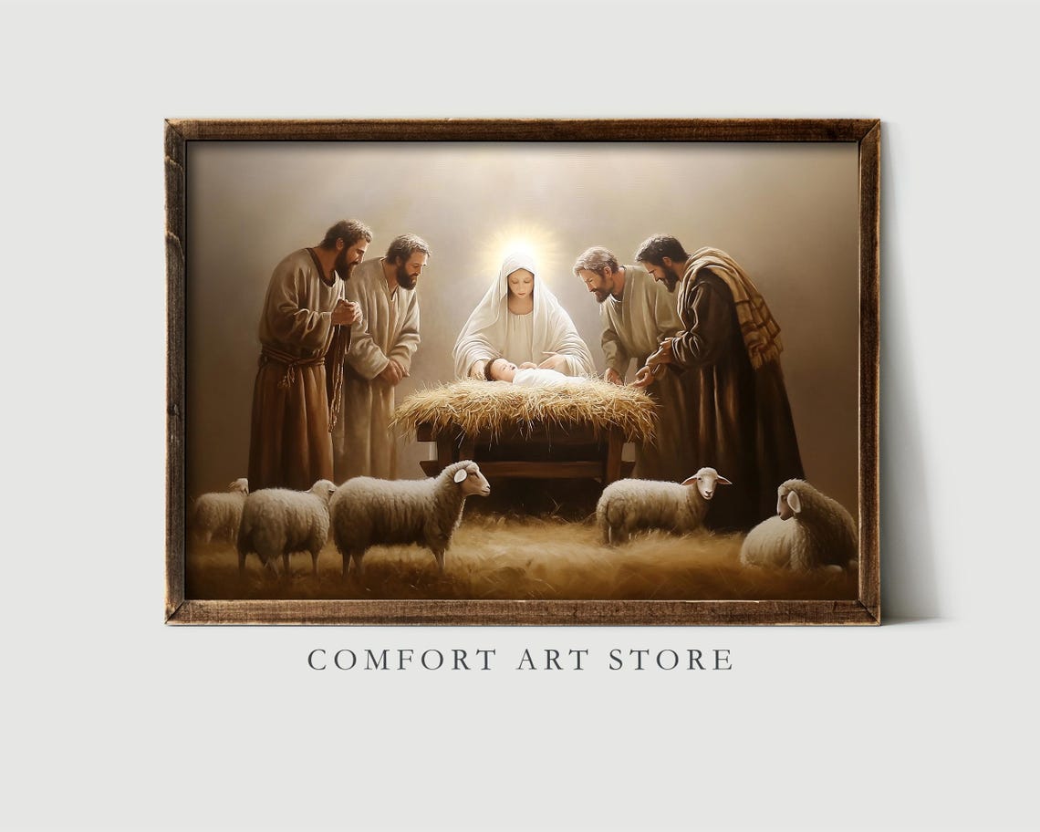 Holy Nativity Adoration of the Manger with Shepherds Art Poster - Image 2