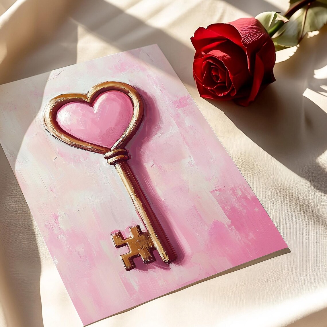 Antique Gold Heart Key Valentine Pink Romance Oil Painting Poster - Image 5