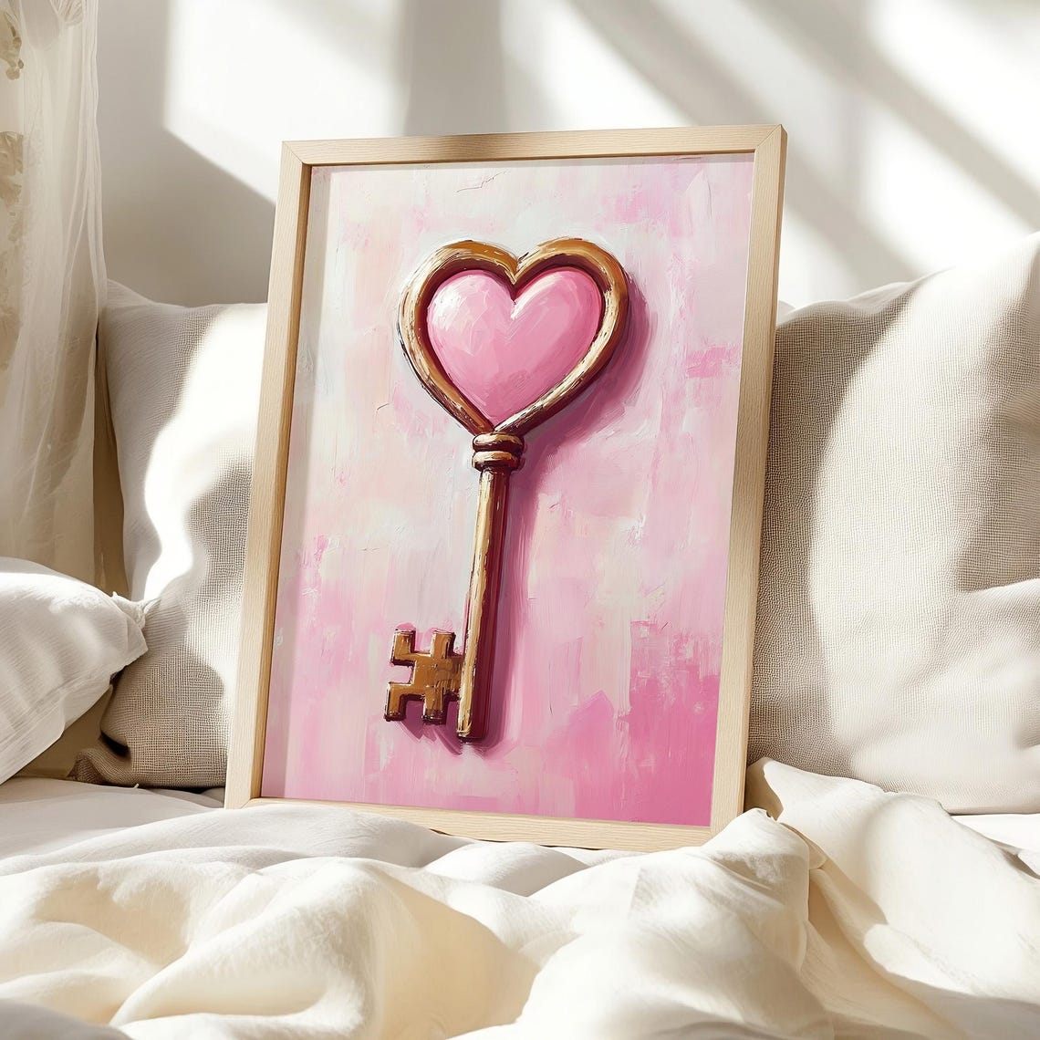 Antique Gold Heart Key Valentine Pink Romance Oil Painting Poster - Image 2