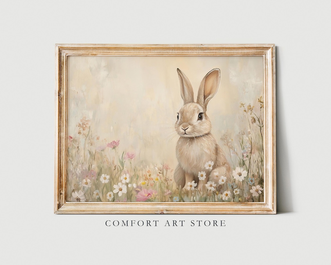 Easter Bunny Art Print, Neutral Spring Wildflower