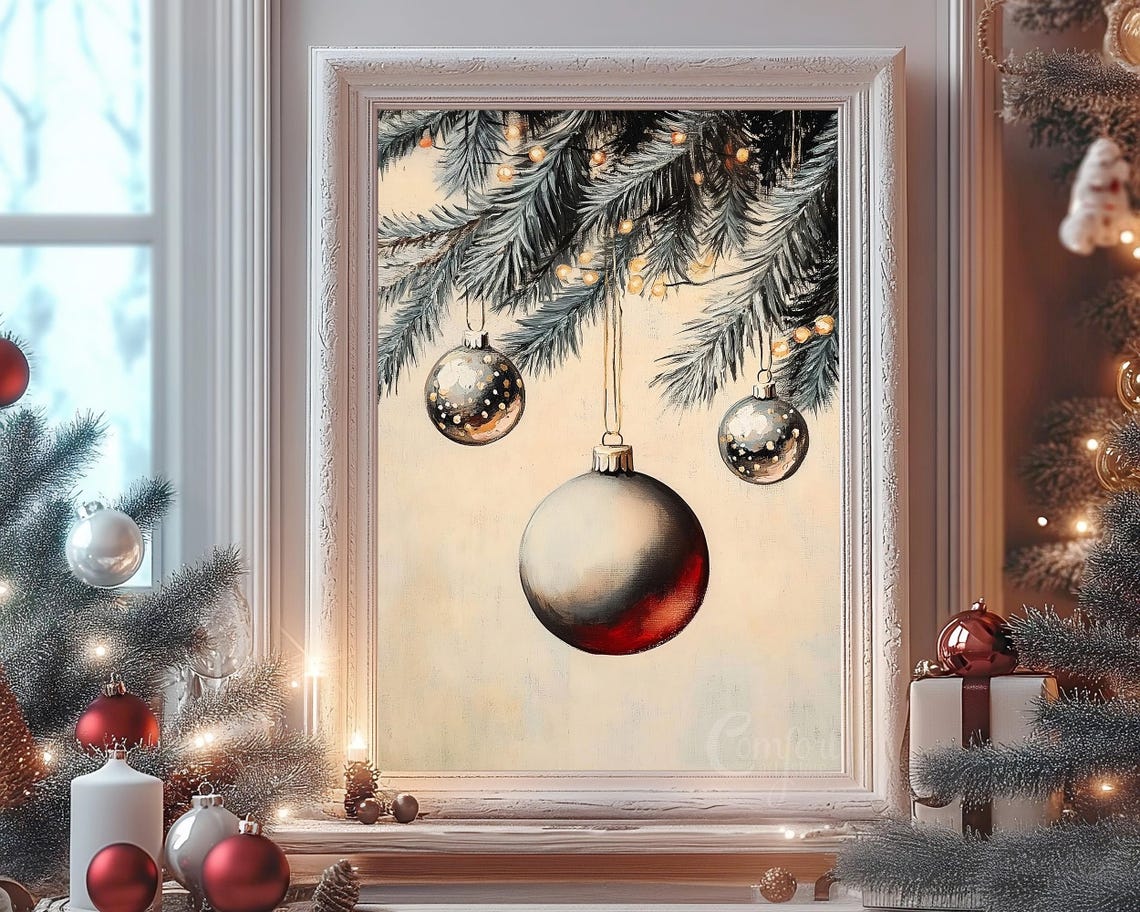 Silver and Red Christmas Ornaments Hanging Fir Branch Poster - Image 8