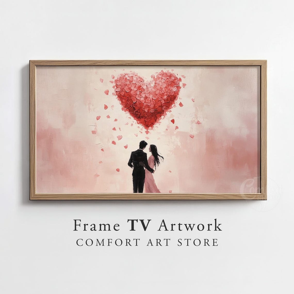 Couple Silhouette Under Red Heart Balloons Valentines Art Poster