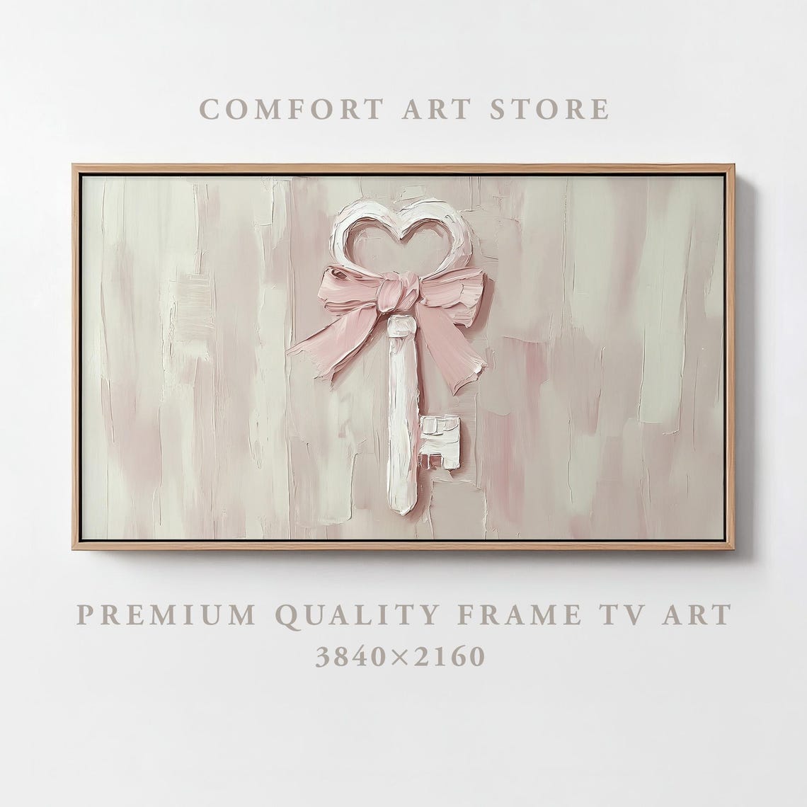 Valentine Heart Key Pink Bow Impasto Painting Romantic Frame TV Poster