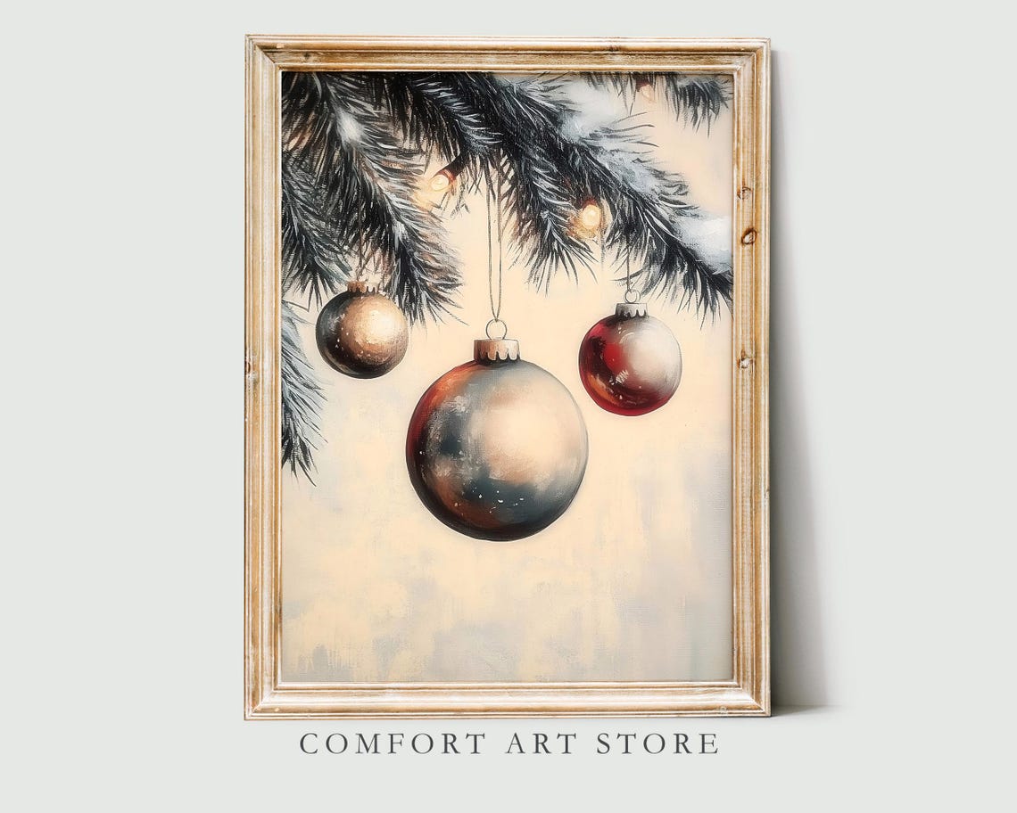 Elegant Vintage Christmas Ornaments on Snowy Pine Branch Poster