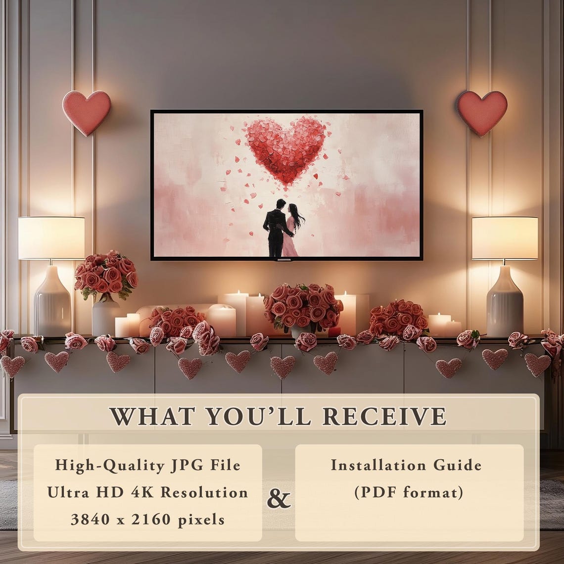 Couple Silhouette Under Red Heart Balloons Valentines Art Poster - Image 5