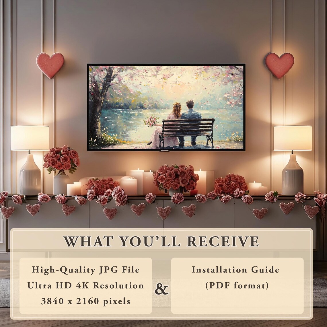 Romantic Couple Bench Cherry Blossom Lake Painting Decor Poster - Image 5