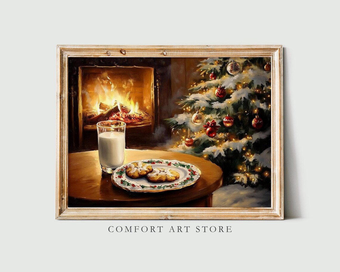 Cookies and Milk for Santa by Fireplace Christmas Eve Scene Poster