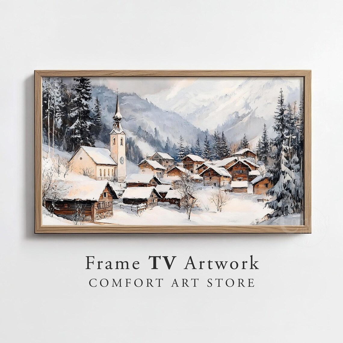 Alpine Winter Village With Clock Tower Church and Snowy Peaks Poster