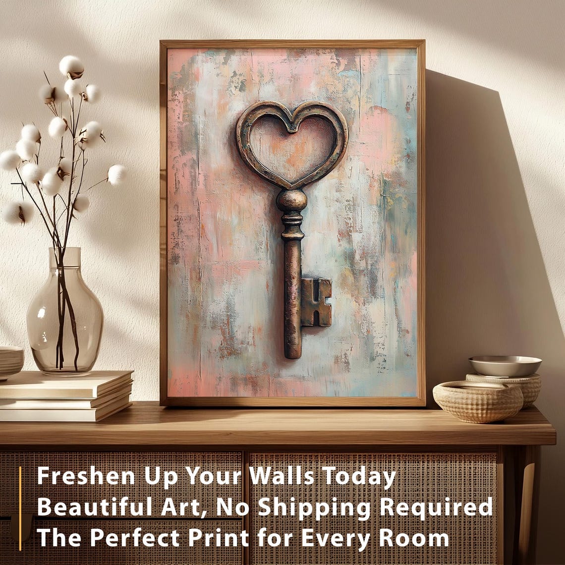 Antique Skeleton Heart Key Distressed Pastel Love Romance Wall Art - Image 4