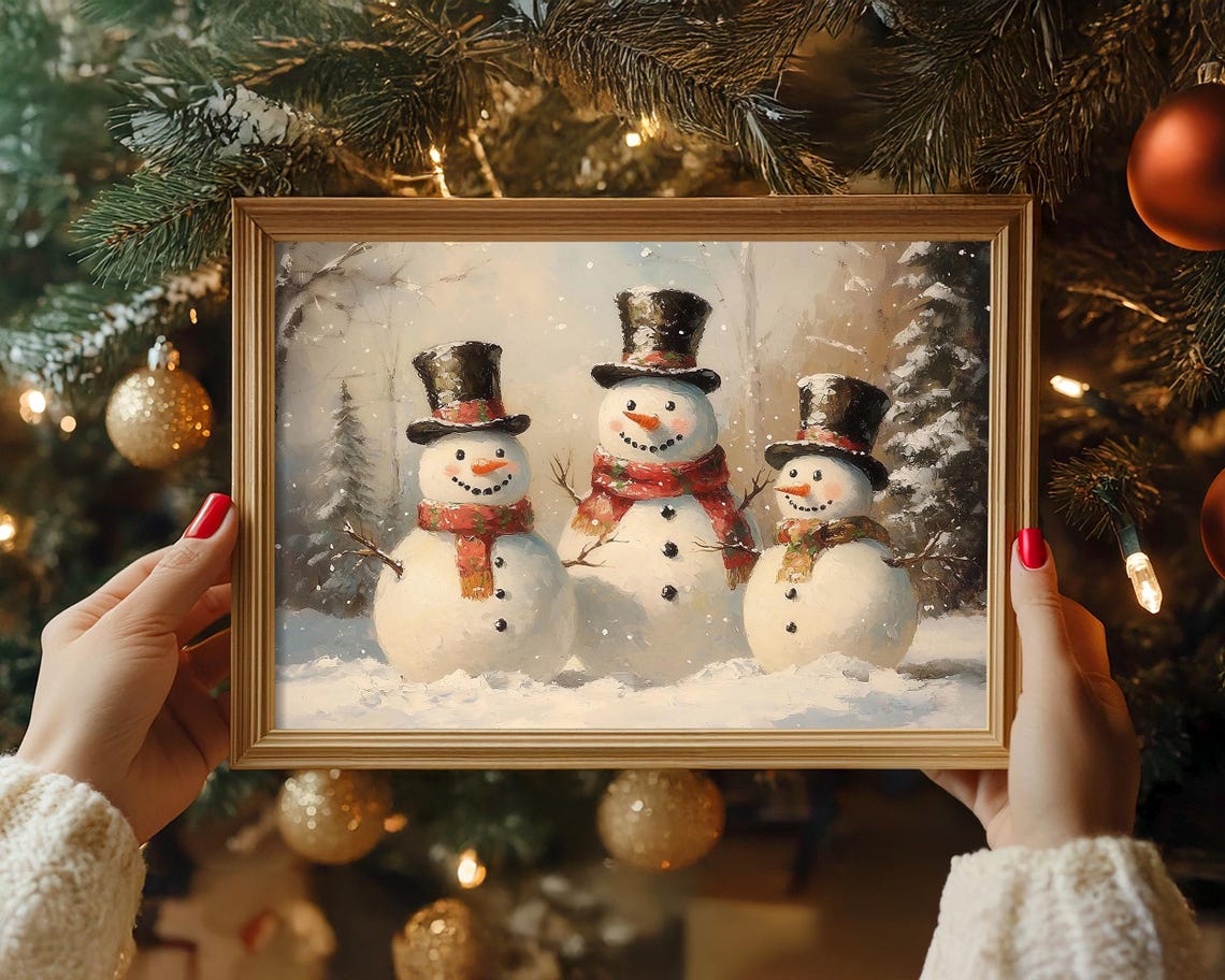 Vintage Christmas Snowman Print Christmas Wall Art Winter Holiday Antique Christmas Snowman Family Painting Snowman Wall Art Christmas Decor - Image 4