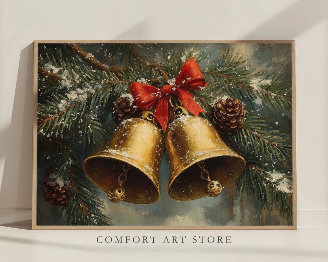 Golden Christmas Bells with Red Bow on Snowy Pine Branches Wall Art - Image 7