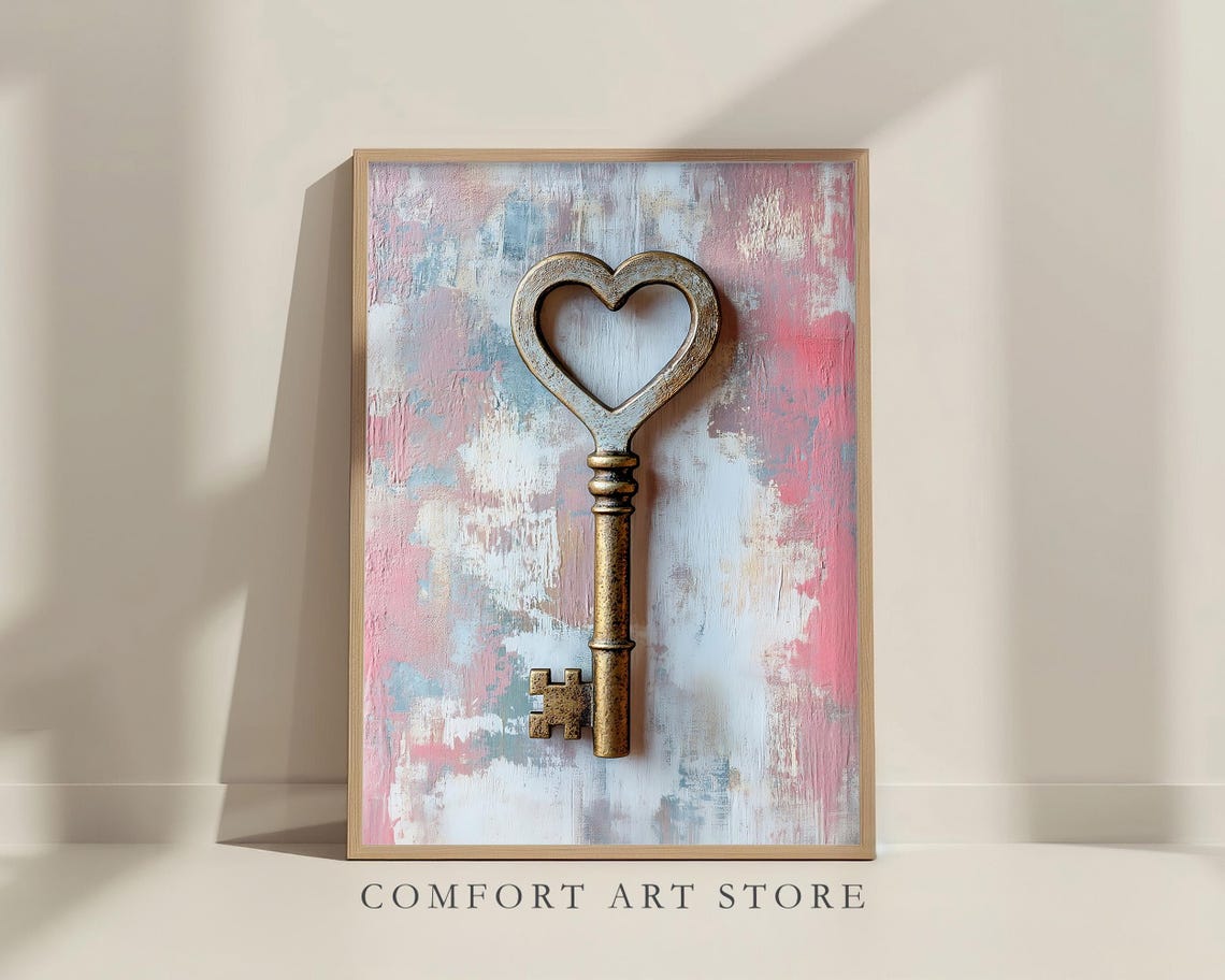 Gold Heart Key Antique Skeleton Key Romantic Pink Art Poster