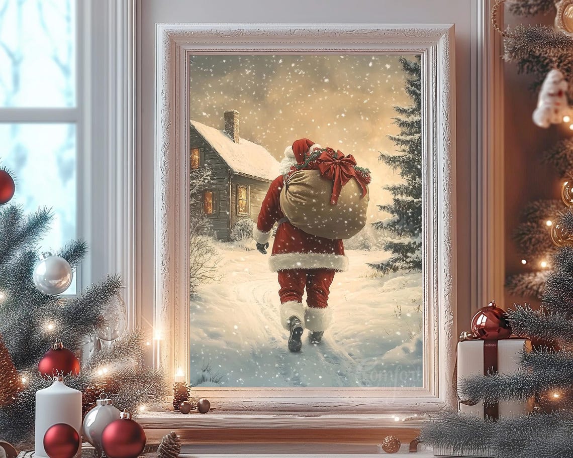 Santa Claus with Tied Gift Sack Walking to Lit House Wall Art - Image 8