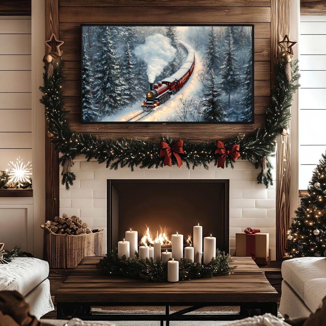 Red Vintage Steam Train Traveling Through A Snowy Winter Forest Poster - Image 3