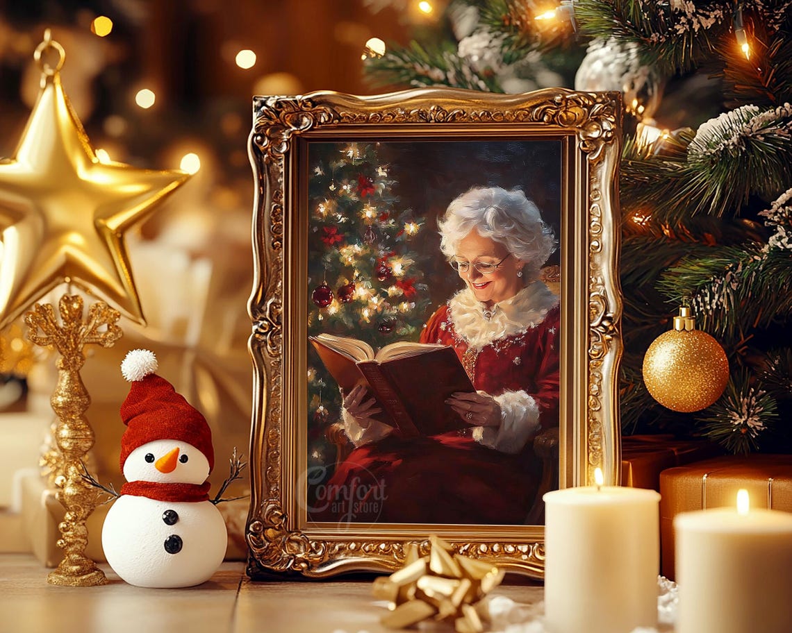 Mrs Claus Reading a Book by a Warmly Lit Christmas Tree Wall Art - Image 4