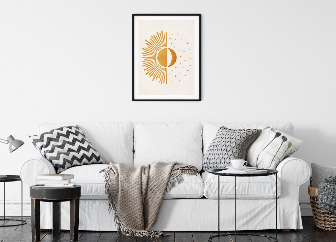 Boho Sun Moon Print Boho Wall Art Boho Day And Night Mid Century Modern Sunburst Print Minimalist Sunshine Boho Crescent Moon