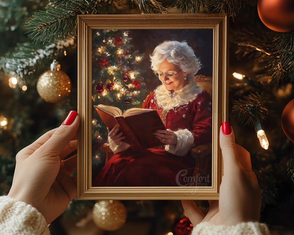 Mrs Claus Reading a Book by a Warmly Lit Christmas Tree Wall Art - Image 3