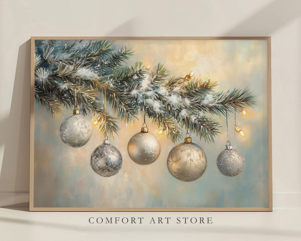 Elegant Champagne Gold Christmas Ornaments on Snowy Branch Poster - Image 7