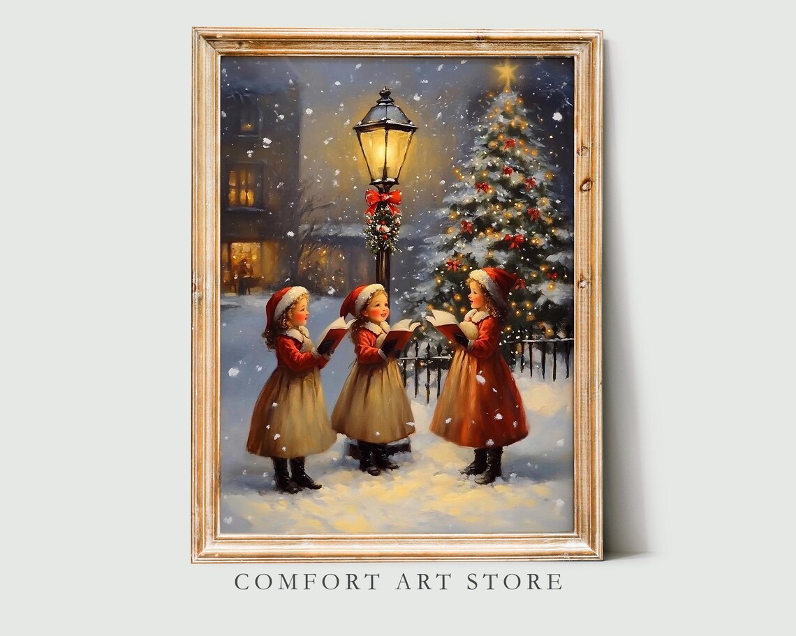 Little Girls Caroling Snowy Christmas Tree Vintage Oil Painting Poster