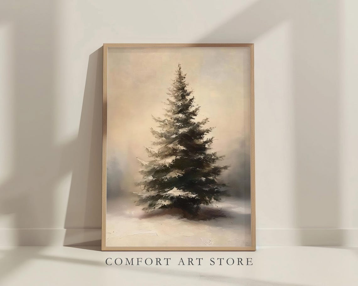 Single Snowy Pine Tree Muted Watercolor Serene Winter Landscape Poster - Image 4