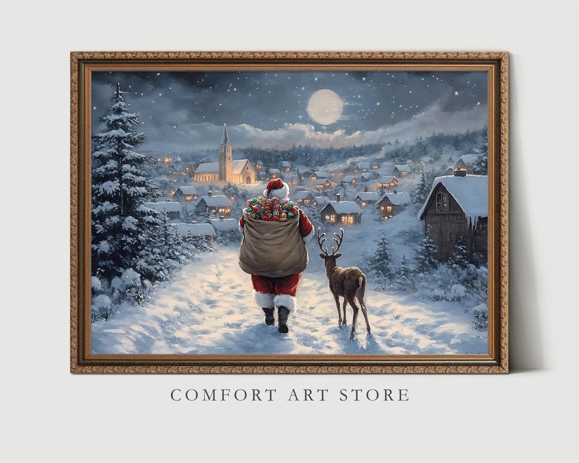 Santa Claus Moonlit Village Walk with Reindeer Christmas Poster - Image 8