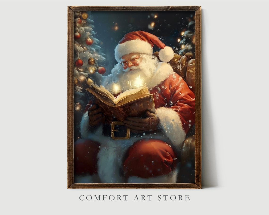 Santa Claus Reading a Glowing Magic Book at Christmas Tree Poster - Image 4