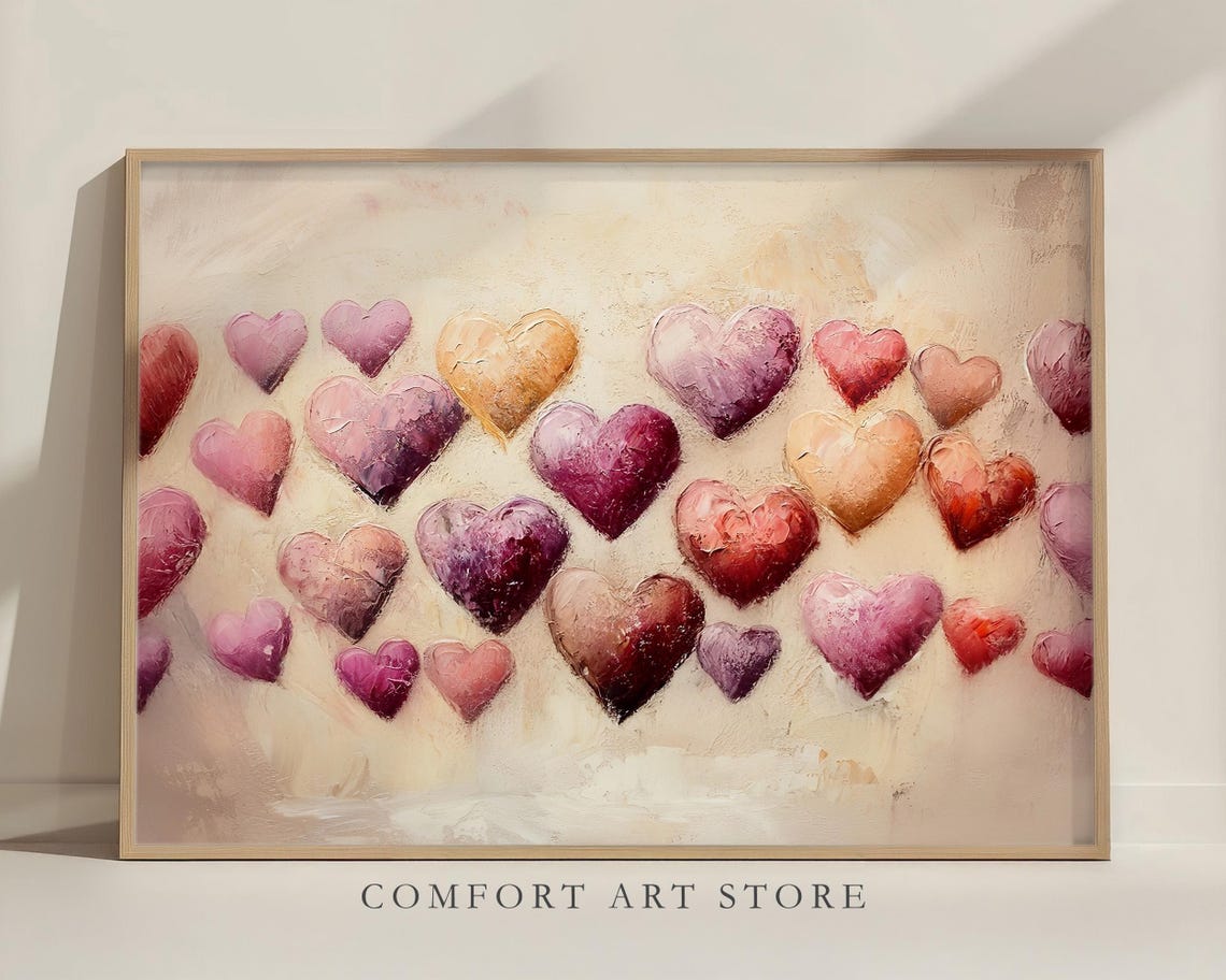 Ombre Plum Pink Hearts Rows Oil Painting Valentines Decor Poster - Image 2