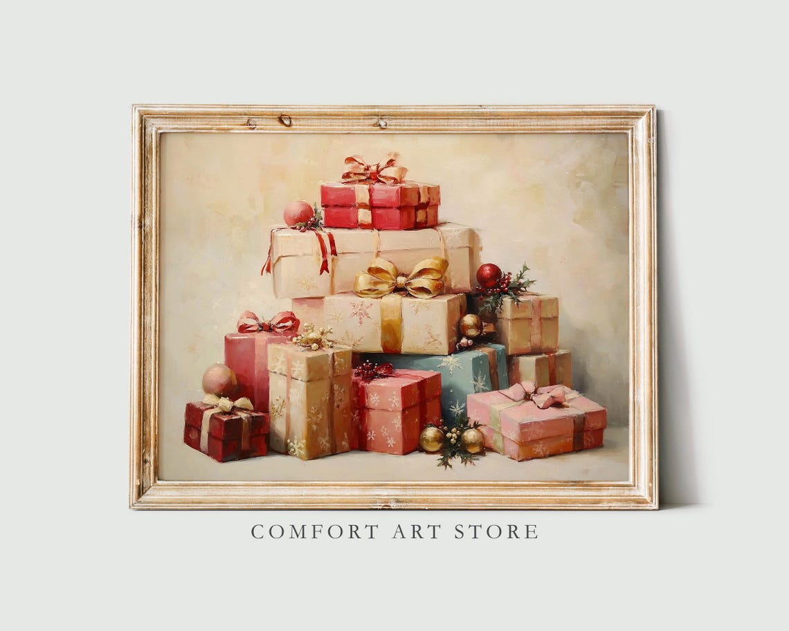 Elegant Pink and Gold Christmas Gift Stack with Bows Art Poster