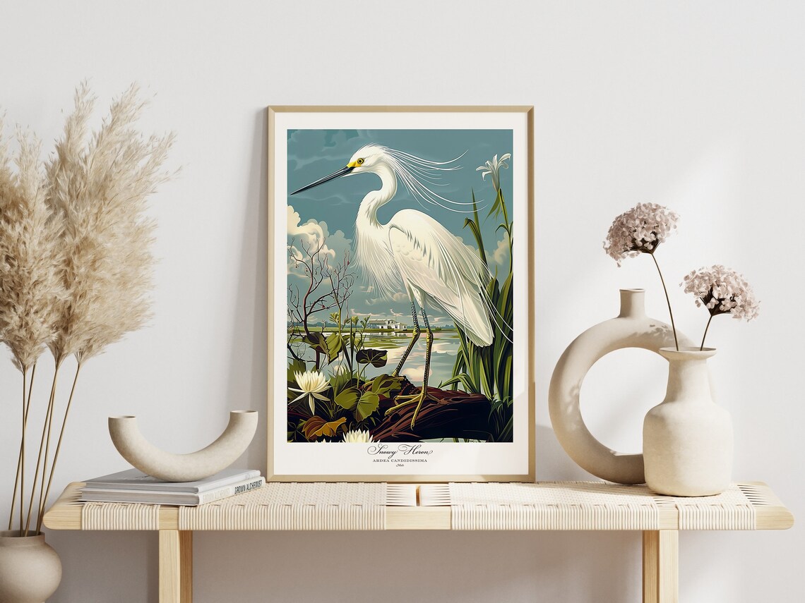 Audubon Style Snowy Heron Vintage Bird Art Print - Image 2