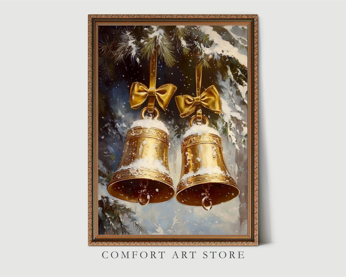 Golden Christmas Bells With Bows Hanging in the Snow Vintage Poster - Image 8