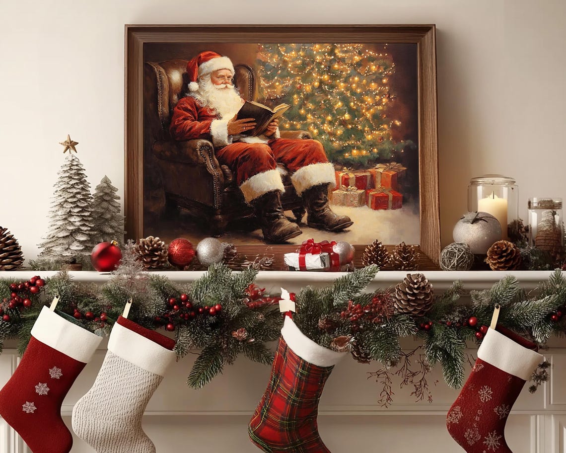 Jolly Santa Claus Reading a Book Beside Lit Christmas Tree Poster - Image 6