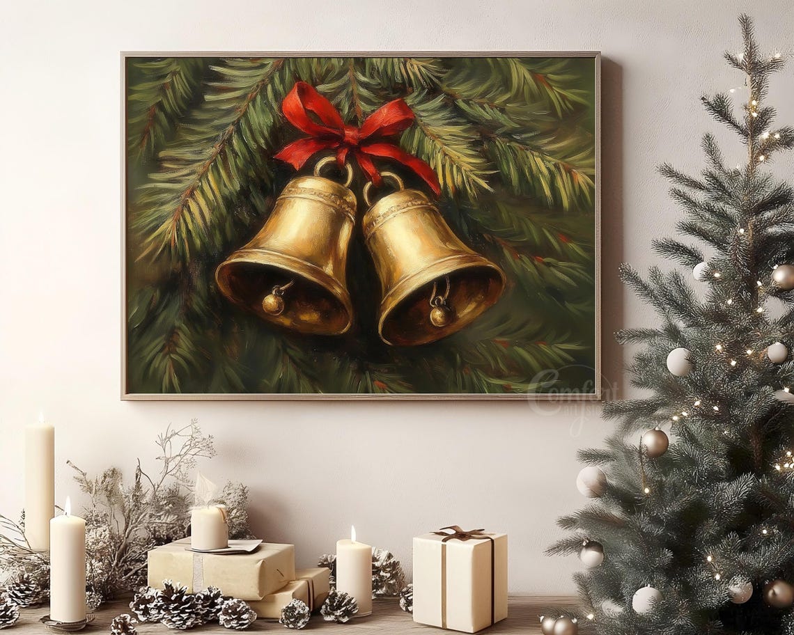 Vintage Christmas Wall Art Christmas Jingle Bells Print Winter Holiday Decor Antique Christmas Golden Bells Neutral Oil Painting Winter Pine - Image 4