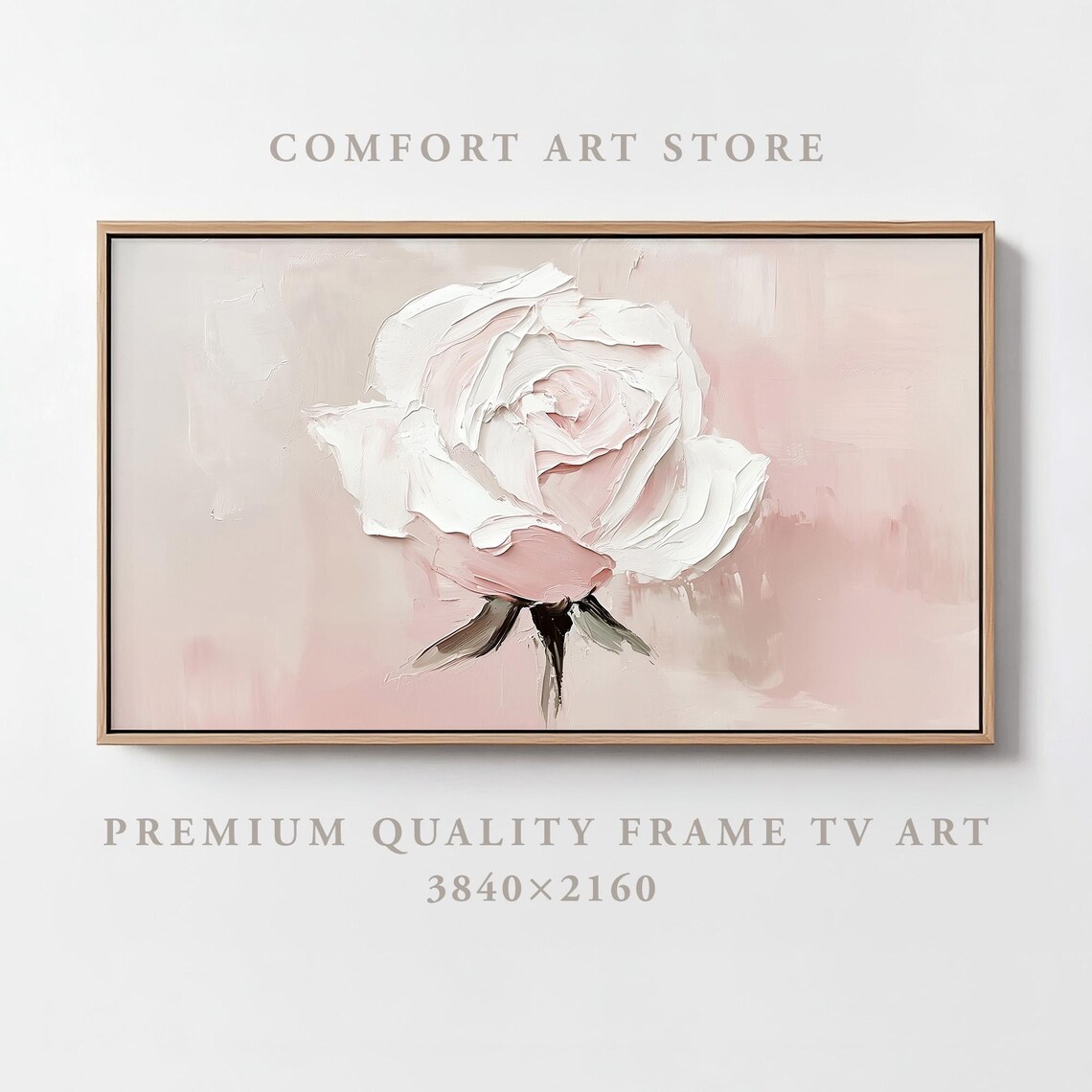 Valentine White Rose Impasto Painting Soft Pink Floral Frame TV Print
