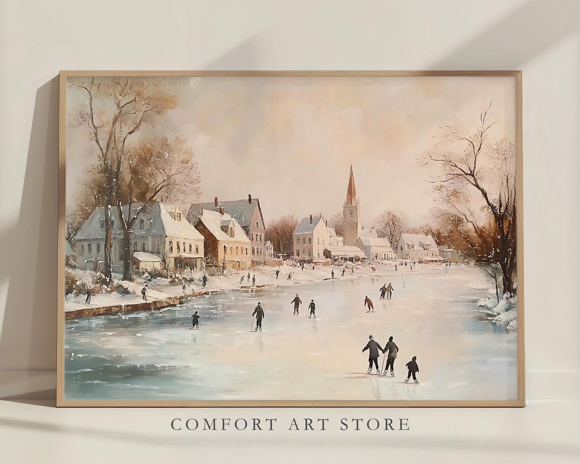 Village Ice Skating on Frozen Pond Winter Landscape Wall Art - Image 2
