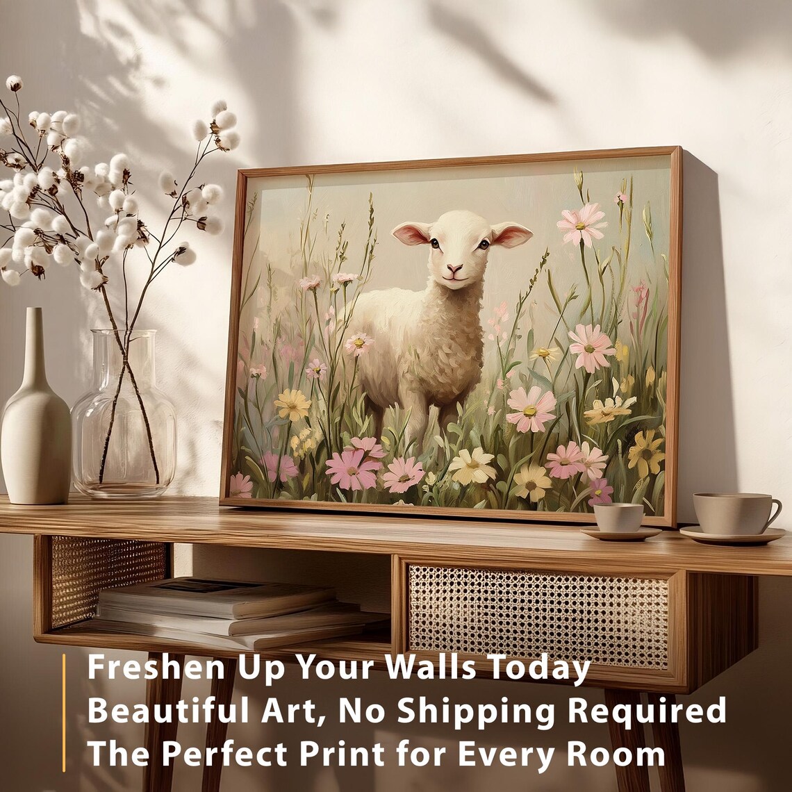Cute Easter Lamb, Vintage Spring Wildflower Art Print - Image 4