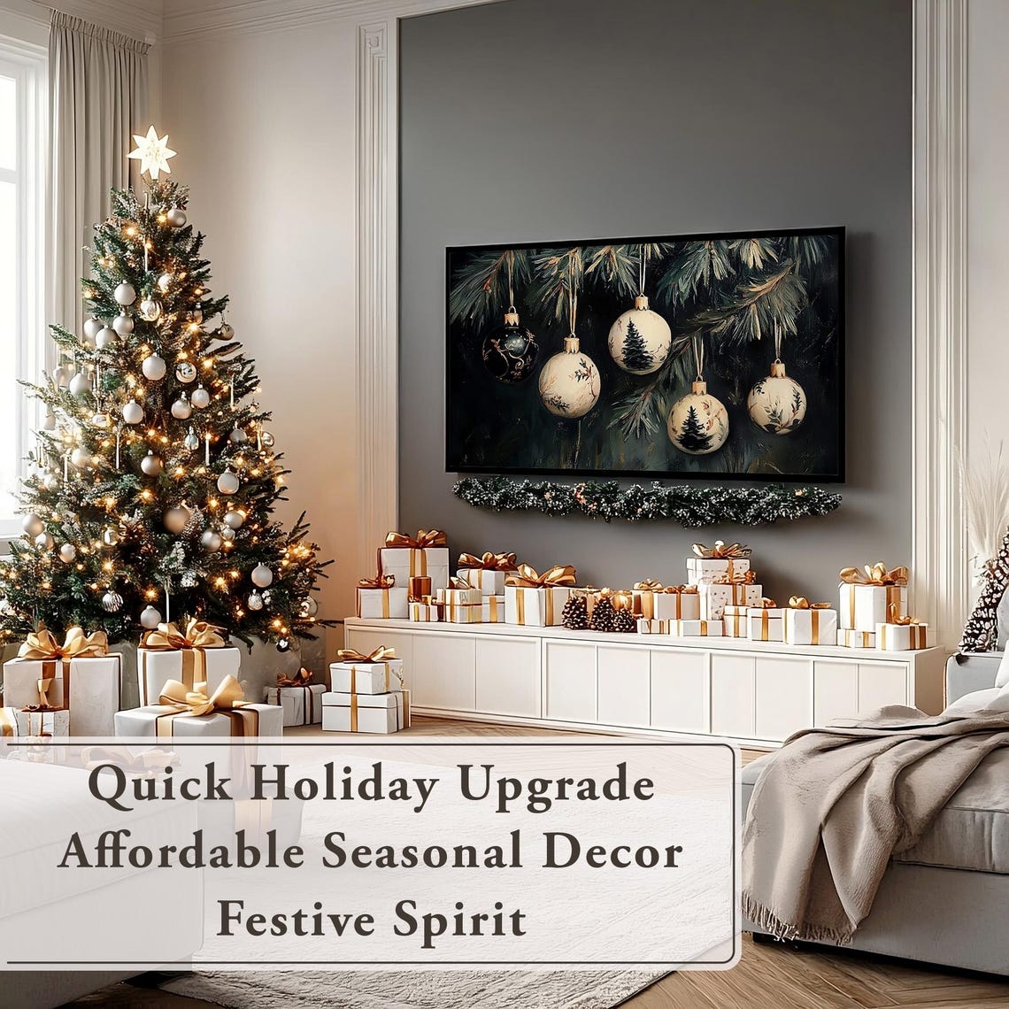 Christmas Ornaments Hanging on Dark Pine Branches Moody Poster - Image 5