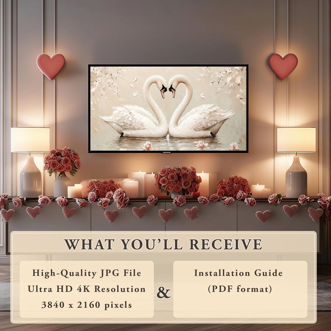 White Swans Necks Forming Heart Blossom Lake Romantic Art Poster - Image 6