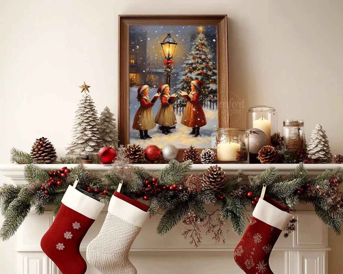 Little Girls Caroling Snowy Christmas Tree Vintage Oil Painting Poster - Image 3