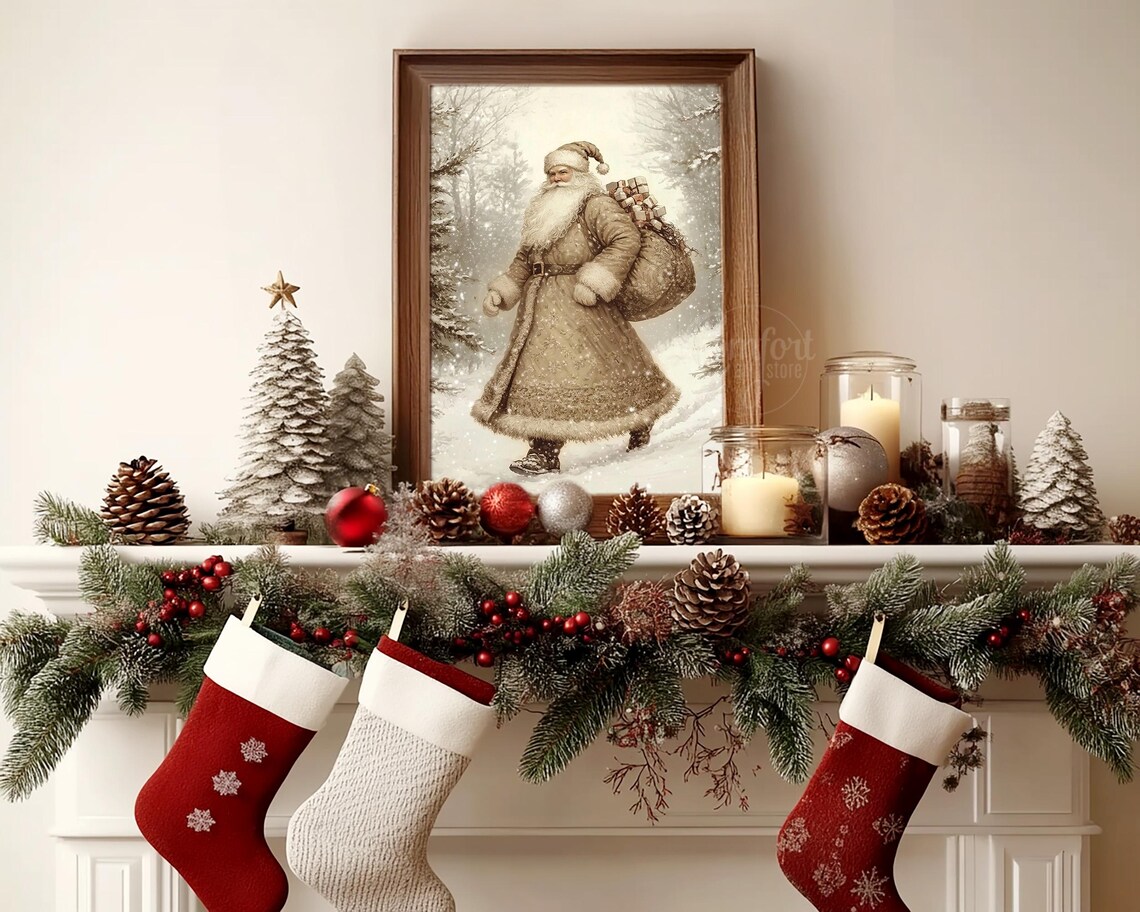 Santa Claus Walking Snowy Forest Gifts Sack Vintage Sepia Oil Poster - Image 3