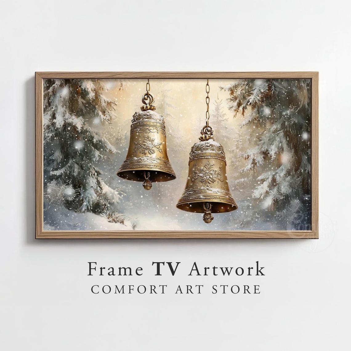 Golden Antique Christmas Bells Hanging In A Snowy Pine Forest Poster