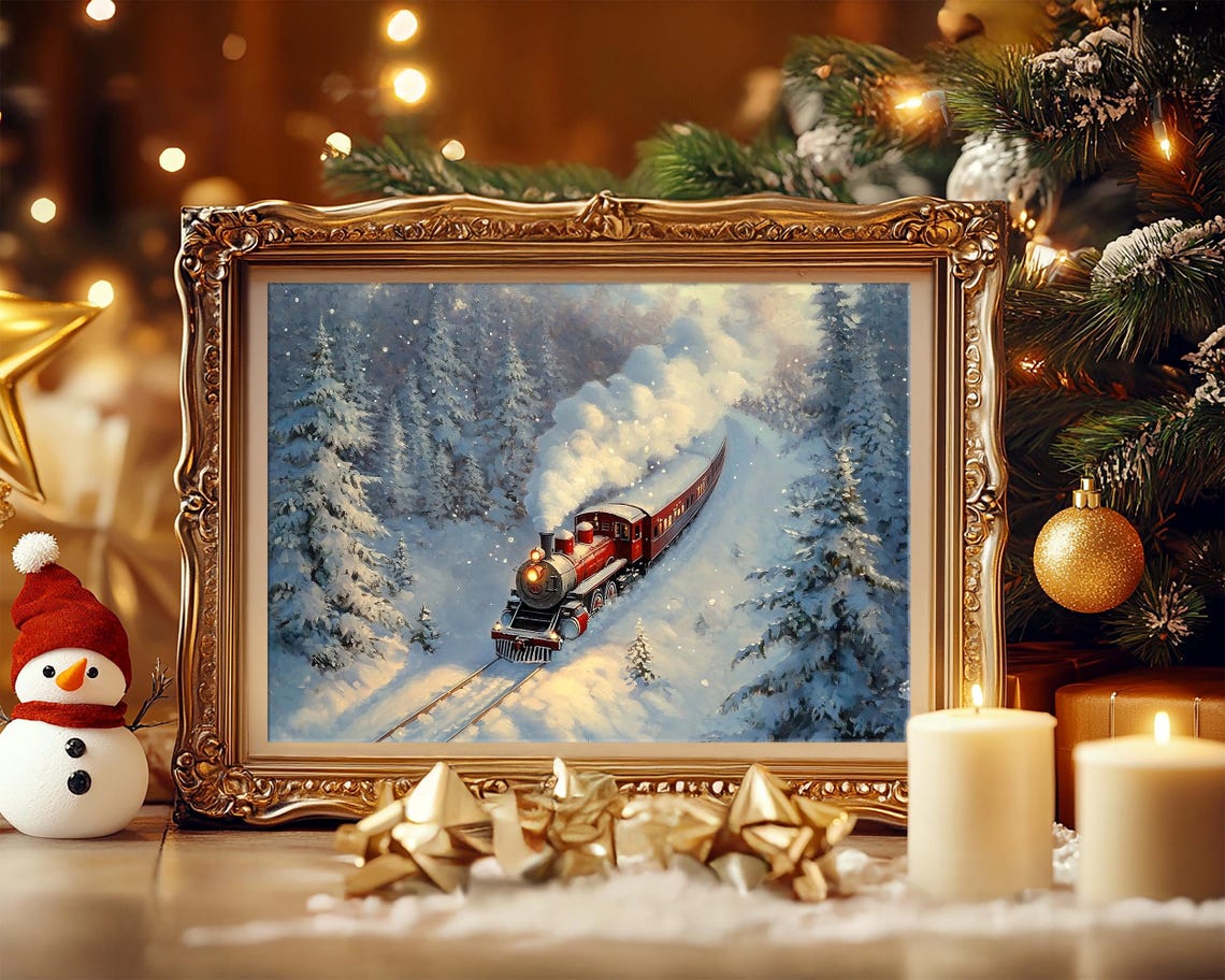 Red Steam Train Traveling Through a Snowy Winter Forest Poster - Image 8