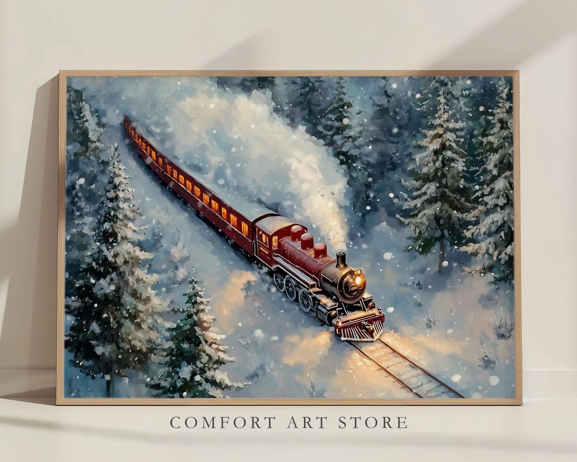 Red Steam Locomotive with Glowing Cars Crossing Snowy Pines Poster - Image 6