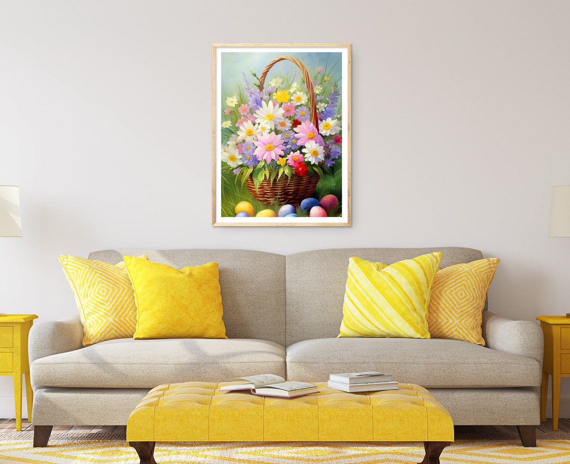 Wildflower Basket with Painted Easter Eggs in Meadow Wall Art - Image 2