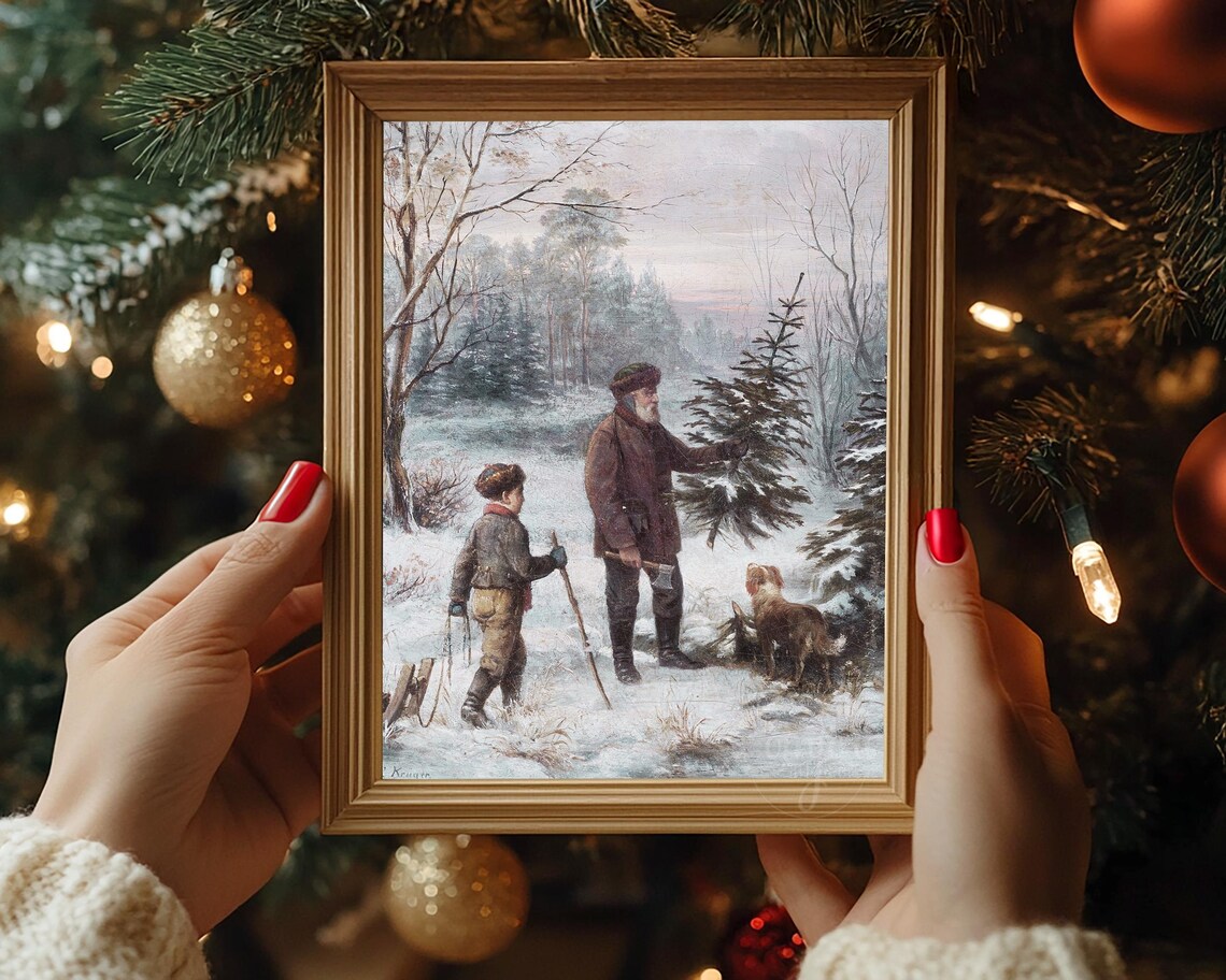Vintage Painting of Father and Son Cutting Christmas Tree Wall Art - Image 7