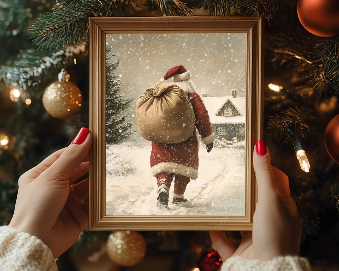 Santa Claus Carrying Gifts on Snowy Path to a Cabin Wall Art - Image 6