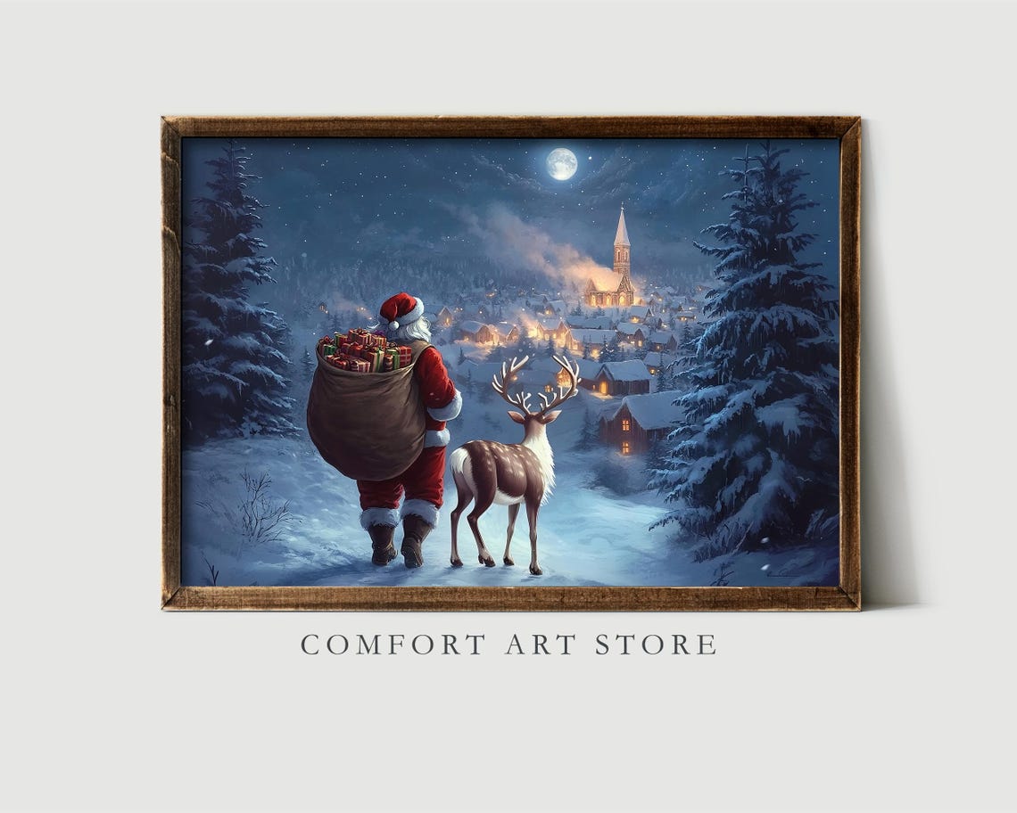 Christmas Wall Art Santa Claus Reindeer Print Dark Academia Winter Village Scene Snowy Holiday Decor Vintage Christmas Painting - Image 4