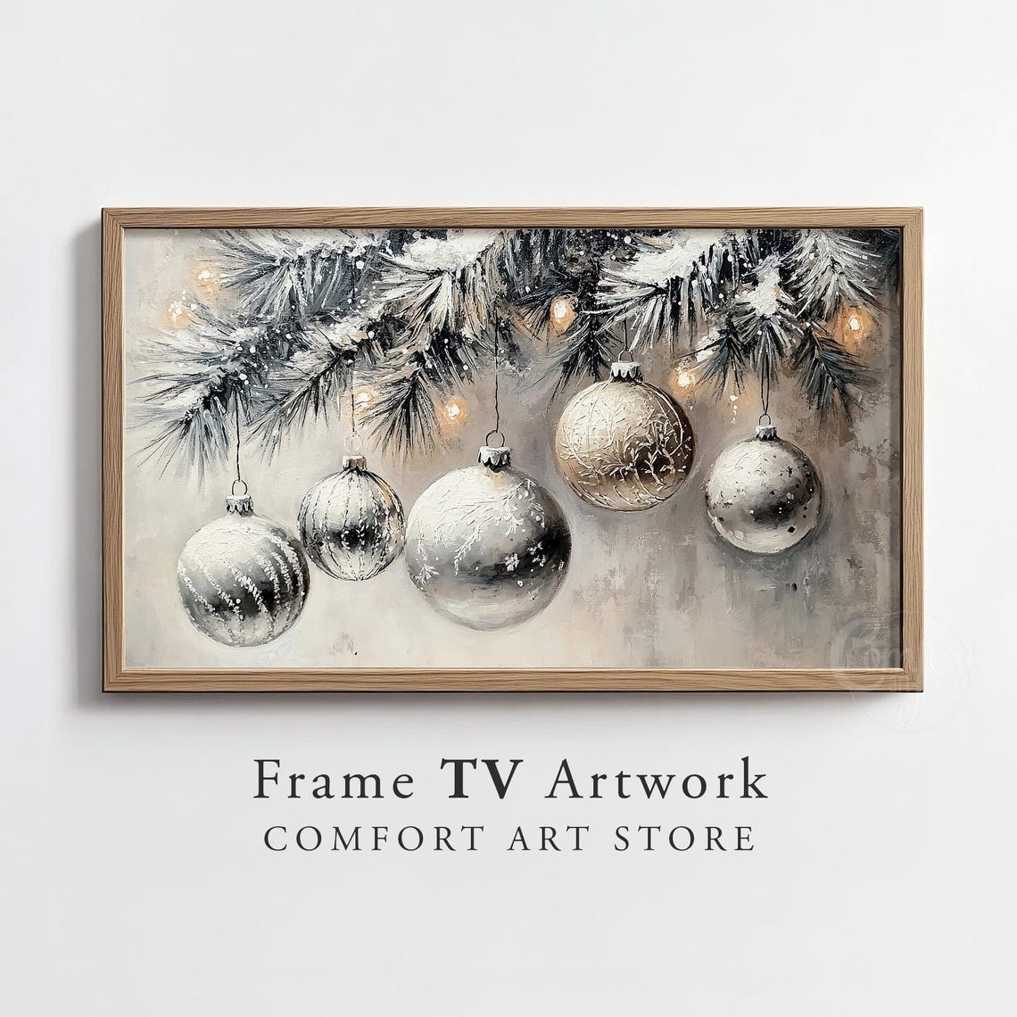 Silver Christmas Baubles on Frosty Pine Branches Neutral Poster