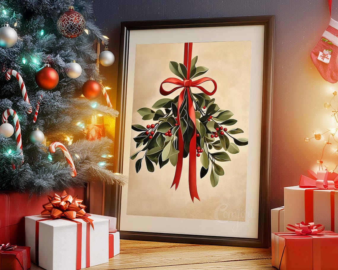 Christmas Mistletoe Sprig with Long Red Ribbon Holiday Print - Image 3